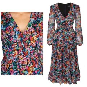 SALONI Devon ruffled floral-print crackle bloom silk midi dress US 8